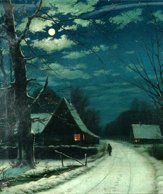 Snowy Village Street in Moonlight_122124A